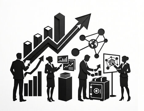 Financial Growth and Business Strategy Concept, Corporate Team Analyzing Bar Charts, Global Network, and Investment Safe Flat Vector Illustration