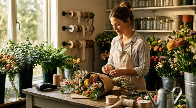 Solo florist wrapping a same day bouquet order in a small workshop with stems, ribbon spools, kraft paper, and card reader
