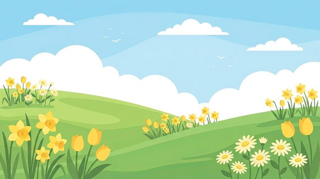 Idyllic spring landscape with rolling green hills and blooming flowers under blue sky