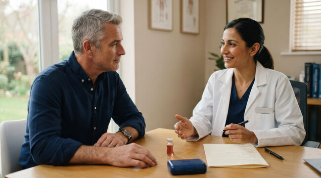 Middle-aged man discussing testosterone therapy with a doctor in a private clinic office with blood test vial, medication dispenser, and consent form.