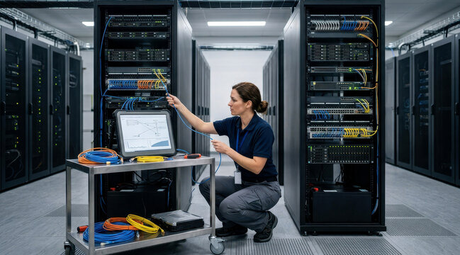 Business continuity technician performing a failover drill between primary and backup server racks with battery units, patch cables, and a monitor cart.