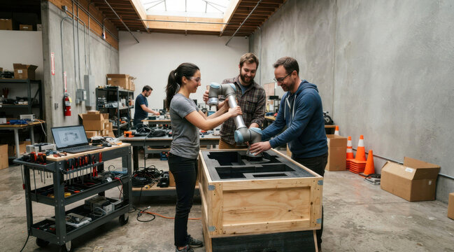 robotics startup team unpacking a collaborative robot arm in leased innovation bay with crates, tool cart, and safety cones