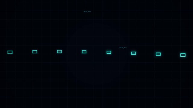digital interface with glowing blue symbols scrolling on a dark grid background, technological data stream
