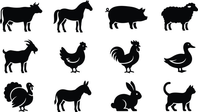 Set of farm animal silhouettes including cow horse pig sheep goat chicken rooster duck turkey donkey rabbit cat