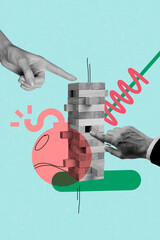 Fototapeta premium Vertical sketch 3d collage poster of hands build jenga tower game teamwork development career business risk competition project