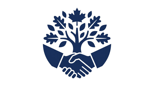 Sustainable partnership icon with handshake supporting a growing tree and autumn foliage for corporate growth