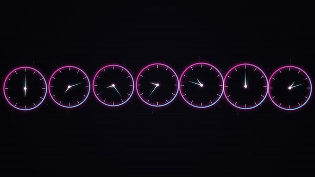 Row of glowing neon clock faces with moving hands on a dark background, time lapse effect, digital display
