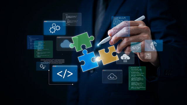 Businessman connecting puzzle pieces with coding symbols, representing software integration, digital solutions, teamwork, and complex problem solving in technology.