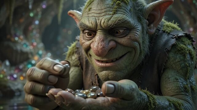 Grumpy Goblin or Troll examines a handful of shiny pebbles or gems in a dimly lit, enchanted cave setting with colorful lights.