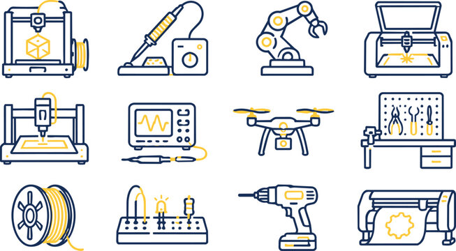 Modern Blue Yellow Outline Manufacturing Technology Engineering Icons Set