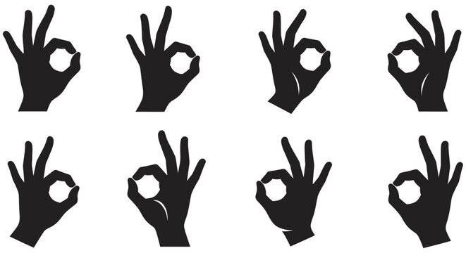 Hand Gestures Silhouettes Ok Victory And Thumbs up Signs On White Background