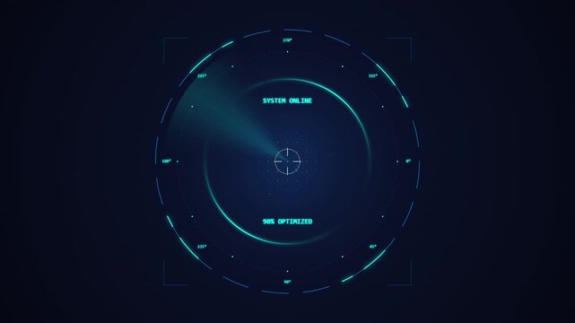 Futuristic digital radar interface with glowing blue concentric circles and data readouts, abstract technological display, sci-fi HUD element