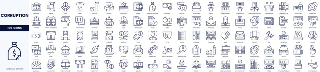 Fototapeta premium A collection of 100 line icons depicting various concepts related to corruption and misconduct.