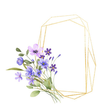 Floral golden geometric frame with violet flowers. Hand drawing digital gold border with place for text. Isolated on white background.