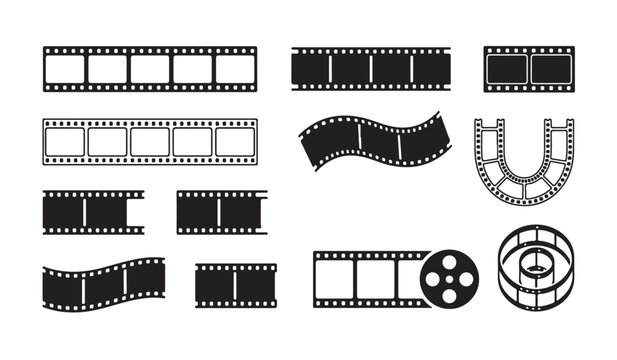 Collection of film strip icons with reel and frame elements. Concept of cinema, movie editing, video production and entertainment industry