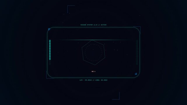 Digital radar screen interface displaying rotating hexagonal target, sonar ping, targeting reticle, data analysis, and blue digital HUD elements, dark background.