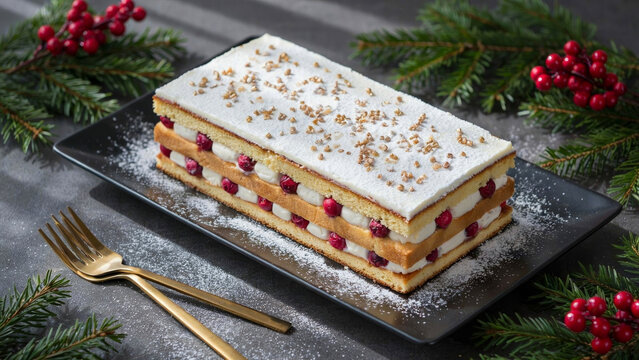 Delicious festive christmas layer cake with cream, red berries, and sugar powder on black plate, decorated with pine branches and cranberries, cozy holiday treat.