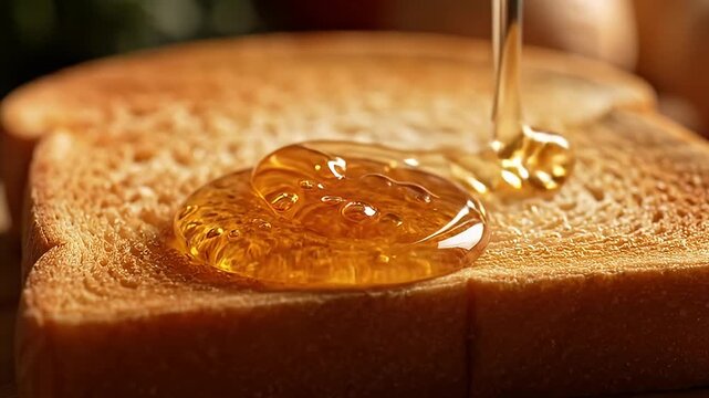 Golden honey pouring onto a crispy slice of toasted bread