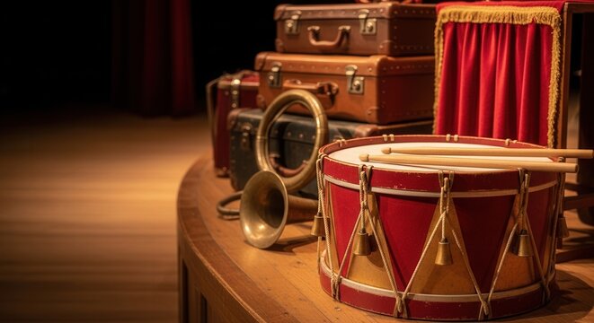 Vintage Circus Drum With Sticks Antique Suitcases And Brass Horn On Stage Before Performance