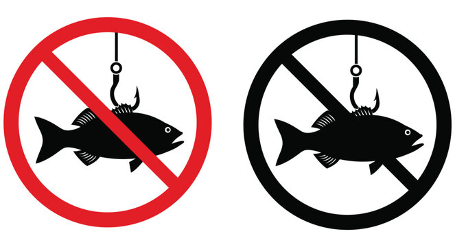 Fish icon vector, no fishing prohibited sign with hook illustration