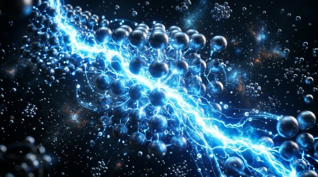 Quantum Flux: Abstract representation of subatomic particles and energy flow, depicting a vibrant blue lightning strike illuminating a cosmic expanse filled with shimmering spheres.