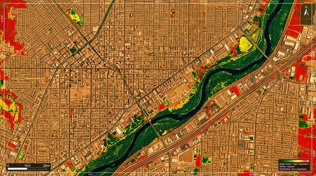 Satellite imagery and remote sensing heat map of urban cityscape with river and infrastructure