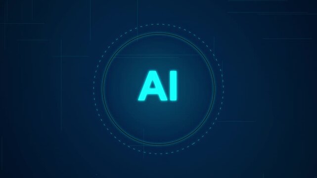 glowing neon AI logo in a digital circle, abstract technology background with futuristic grid lines and data points, artificial intelligence concept