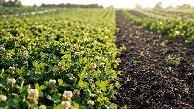 Lush Green Strawberry Field Rows at Sunrise.