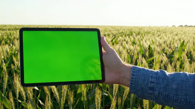 Hand Holding Tablet with Green Screen in Wheat Field.