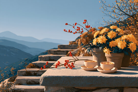 Flat illustration of a Double Ninth Festival hillside tea terrace