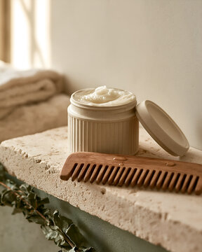 Hair mask jar and a wide tooth comb on a bathroom shelf