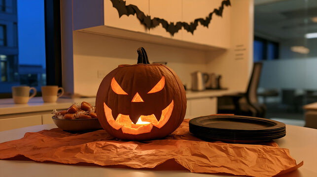 Carved pumpkin glowing on the table at an office Halloween party