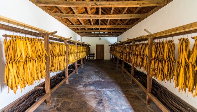Golden wheat field under wooden barn roof beams.