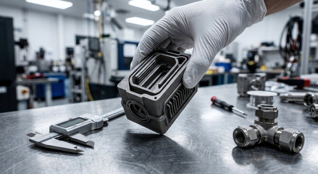 Gloved technician lifting a 3d-printed metal reactor housing beside calipers and a cooling pipe fitting on a steel workbench.