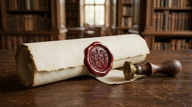 Wax seal on parchment scroll. Vintage document with stamp on a wooden library desk.