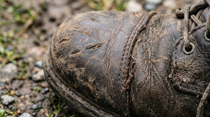 Fototapeta premium Dirty leather boot of an environmental volunteer working outdoors. Muddy ground representing active conservation efforts on world environment day.