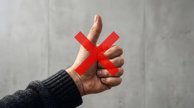 Red cross marking over a thumb up gesture indicating disapproval or negation against a plain background