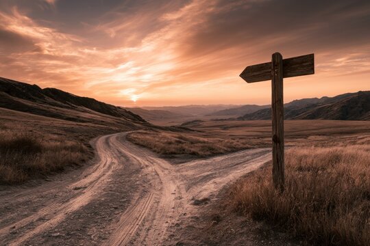 Dirt road splitting at sunset with signpost