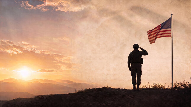 Veterans Day celebration background with waving American flag, silhouette of soldier saluting and glowing light in honor of courage and sacrifice