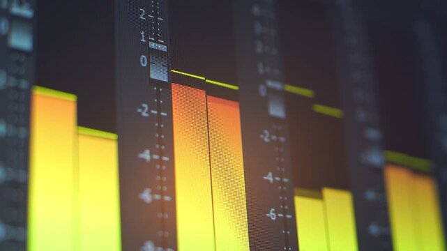 Audio mixing console with colorful sound levels. Professional audio engineer adjusting sound settings for optimal quality.