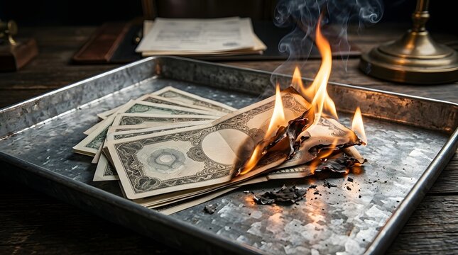Burning money signifies financial loss and economic crisis; a representation of economic downturn and financial ruin