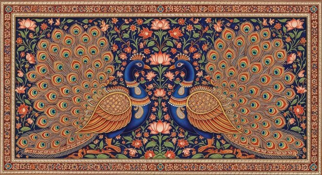 Exquisite Pair of Peacocks Adorned with Intricate Floral Patterns.