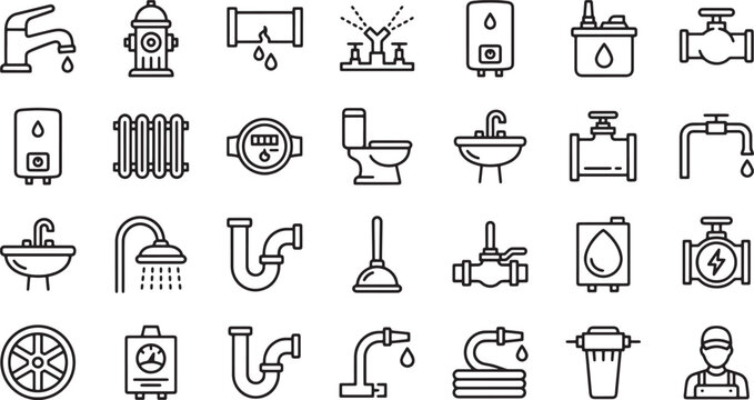 Plumbing and water supply line icons set featuring faucets pipes valves and maintenance tools in linear style
