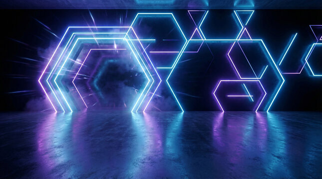 Futuristic neon glowing hexagonal tunnel with reflective floor, perfect for cyber technology, virtual reality, and gaming concepts