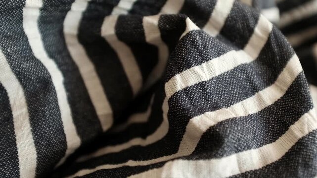Dark navy blue and white striped linen fabric. Ideal for summer fashion promos, textile industry presentations, coastal interior decor themes, sewing and tailoring business, textile stores.