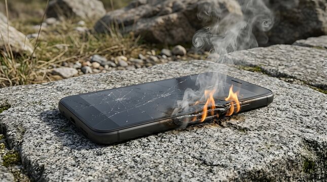 Damaged smartphone engulfed in flames, smoke billowing from the device while resting on rough, stony ground outdoors