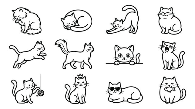 Outline icon set of 12 cats featuring playful poses sleeping stretching jumping and sitting for pet and animal design