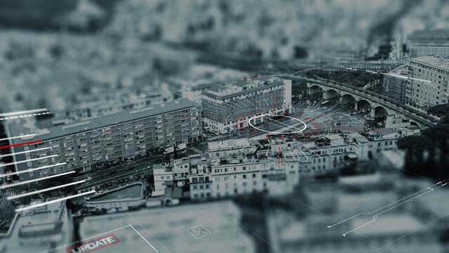 Surveillance technology monitoring urban area with facial recognition systems in action