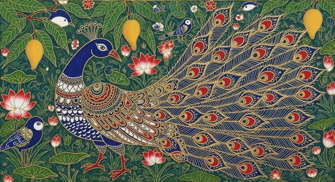 Exquisite Peacock and Companion Amidst Lush Foliage and Blossoms.