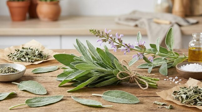 Fresh sage herb bundle on rustic wooden kitchen table.